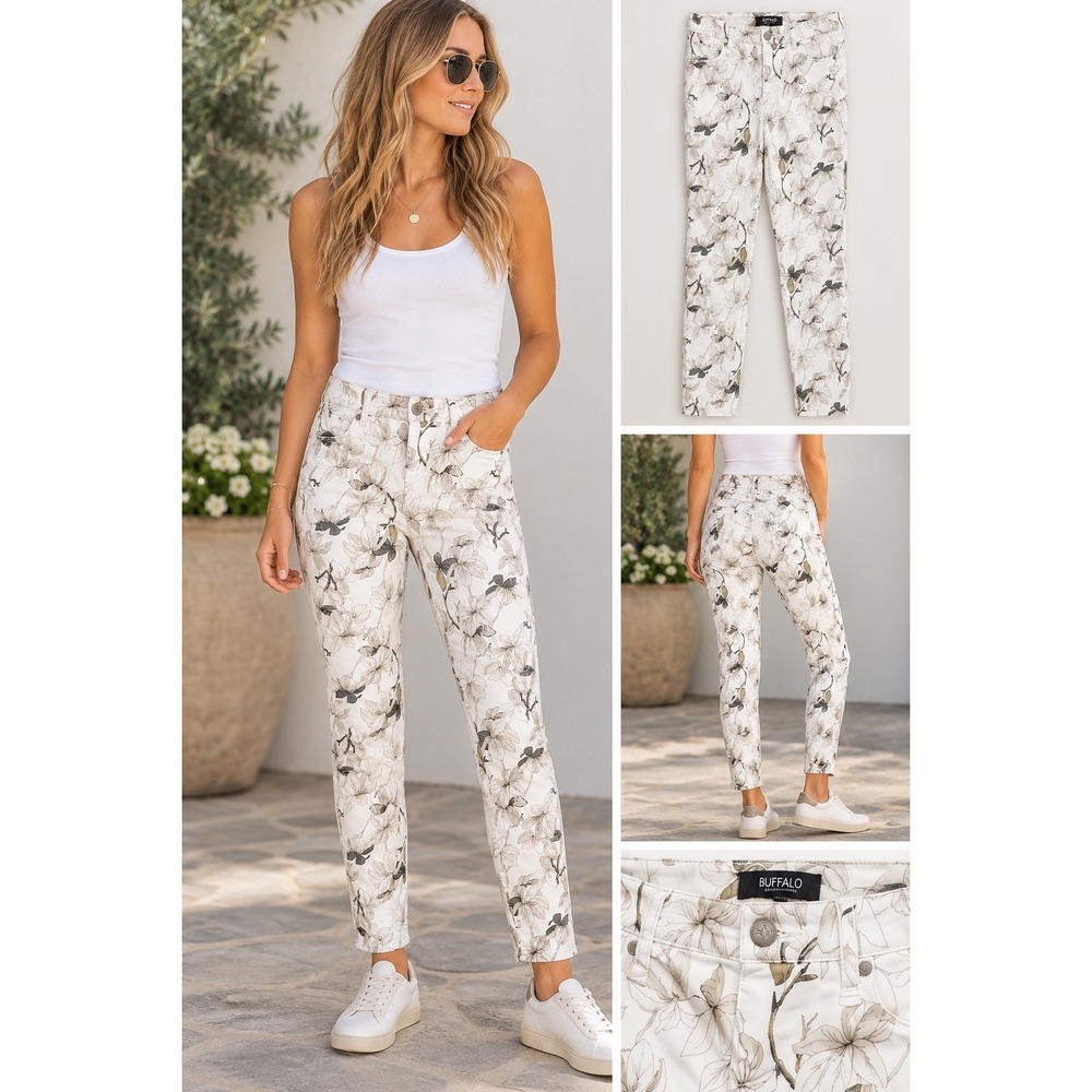 Buffalo David Bitton Womens Floral Slim Fit Stretch Pants White Olive Cream 31